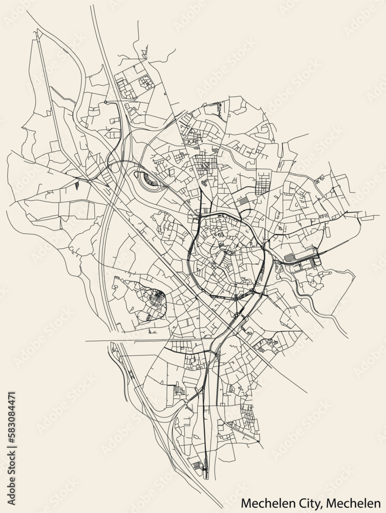 Detailed hand-drawn navigational urban street roads map of the MECHELEN SUBMUNICIPALITY of the Belgian city of MECHELEN, Belgium with vivid road lines and name tag on solid background