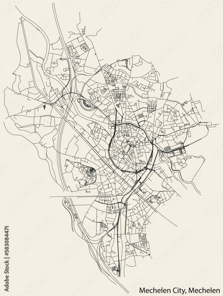 Detailed hand-drawn navigational urban street roads map of the MECHELEN SUBMUNICIPALITY of the Belgian city of MECHELEN, Belgium with vivid road lines and name tag on solid background Detailed hand-drawn navigational urban street roads map of the MECHELEN SUBMUNICIPALITY of the Belgian city of MECHELEN, Belgium with vivid road lines and name tag on solid background