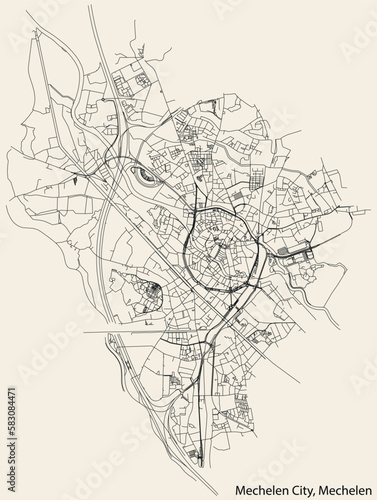 Detailed hand-drawn navigational urban street roads map of the MECHELEN SUBMUNICIPALITY of the Belgian city of MECHELEN  Belgium with vivid road lines and name tag on solid background