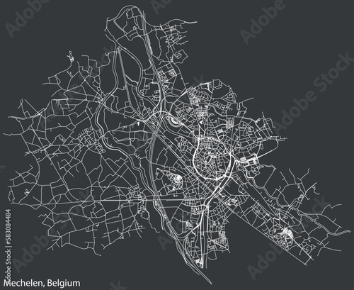 Detailed hand-drawn navigational urban street roads map of the Belgian city of MECHELEN, BELGIUM with solid road lines and name tag on vintage background