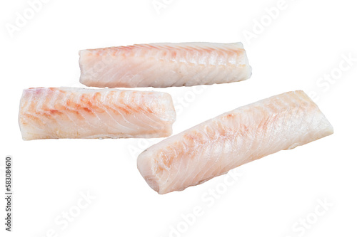 Raw Norwegian cod fish fillet on kitchen table.  Isolated, transparent background. photo