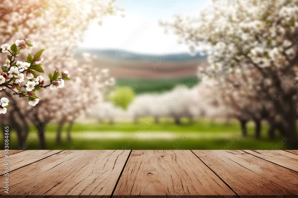 Wooden table mockup template with blossom spring blurred on the background Wooden table mockup template with blossom spring blurred on the background
