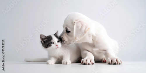 Generative Illustration AI of Labrador Retriever Puppy Giving Kitten a Kiss on White Background