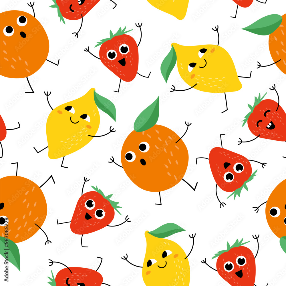 Naklejka premium Cute hand drawn fruits seamless pattern. Cartoon doodle style. Funny characters. Colorful summer print. Orange, lemon, strawberry characters.