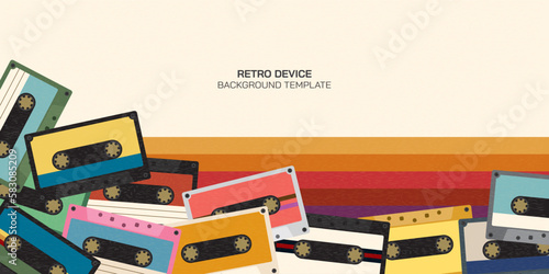 Various plastic audio cassette tapes flat design illustration with colorful strips on cream background have blank space. Retro concept background template.