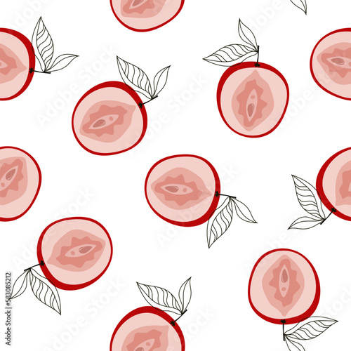 Cute pink vulva apples seamless pattern. Feminists symbol