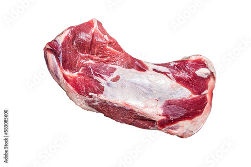 Fresh Raw lamb mutton shoulder meat in a wooden tray with thyme. Isolated, transparent background.
