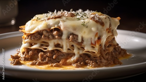 Classic Lasagne al Forno with Ground Beef Sauce, Béchamel Sauce, Mozzarella, and Parmesan photo