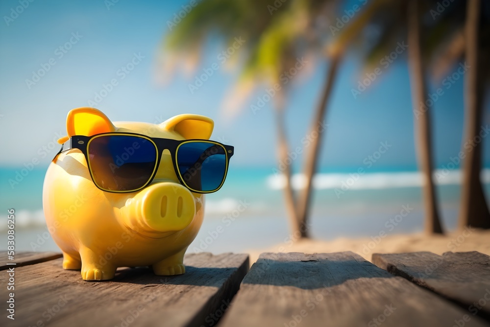 Yellow piggy bank in sunglasses standing on empty wooden table with ...
