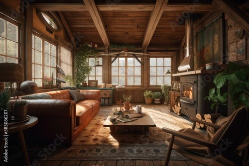 interior of a wooden cabin. Generative AI