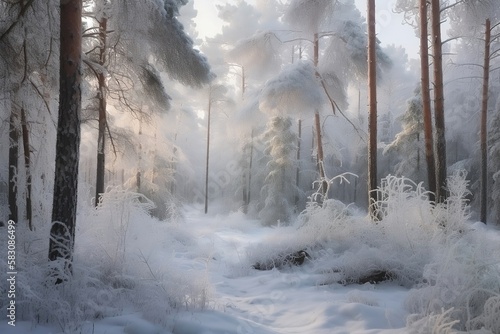 Snowy Winter Forest Landscape with Abstract Mountains and Trees in beautiful Background