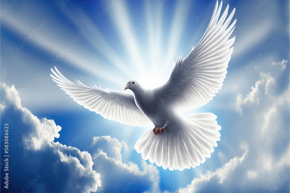 Fototapeta premium dove of peace with beautiful cloud and sun rays generative ai