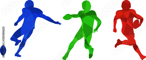 Set of silhouettes of American football players on white background. Isolated vector image of Gridiron football players. Abstract blue, green and red vector image of sportsmen.