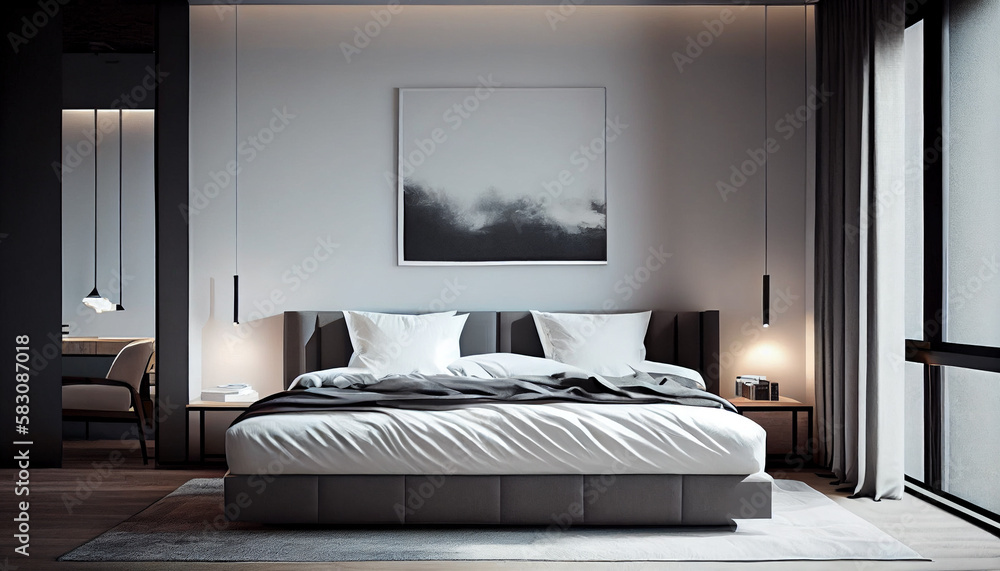 Modern and luxurious bedroom with white ceiling and wood accents with views of Tokyo skyline, particularly Minato ward. Condo or Hotel accomodation. Modern and luxurious bedroom with white ceiling and wood accents with views of Tokyo skyline, particularly Minato ward. Condo or Hotel accomodation.