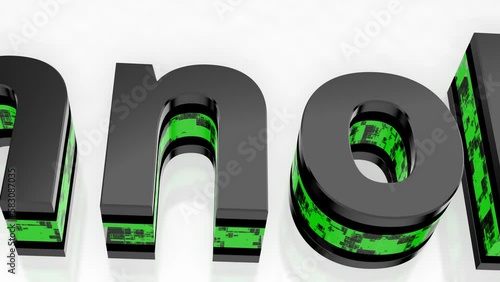 Camera moves from close-up to a total overview and shows the black and green waisted 3D letters against a reflective bluish background that make up the word technology.	