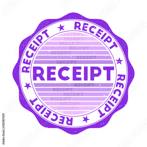 Receipt badge. Grunge word round stamp with texture in Hokkaido Lavender color theme. Vintage style geometric receipt seal with gradient stripes. Beautiful vector illustration.