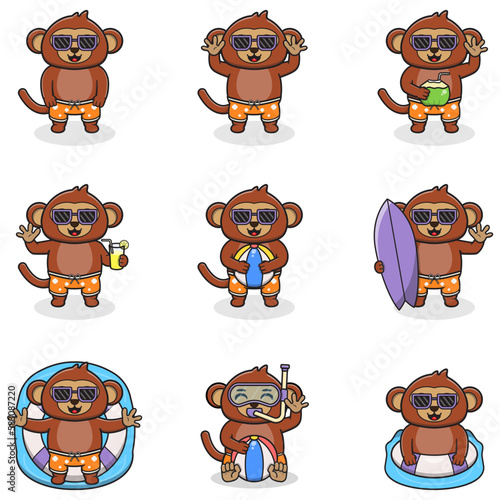 Summer cute Monkey vector illustration. Flat Monkey Summer Cartoon. Graphic cartoon character for banner, sticker advertising travel in summer theme illustration. Summer holiday concept design. photo