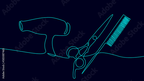 One line continuous scissors hairdresser symbol concept. Silhouette hair design image style technology icon. Digital white single line sketch drawing vector illustration