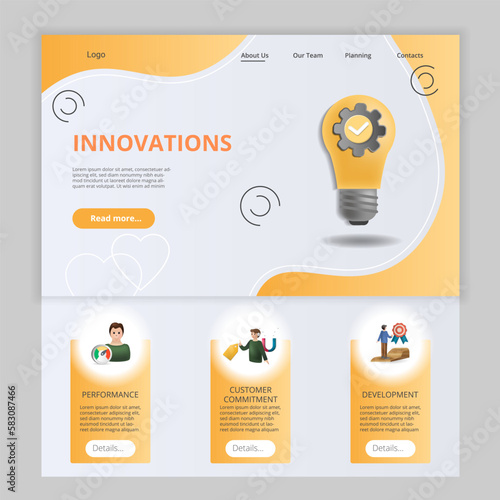 Innovations flat landing page website template. Performance, customer commitment, development. Web banner with header, content and footer. Vector illustration.