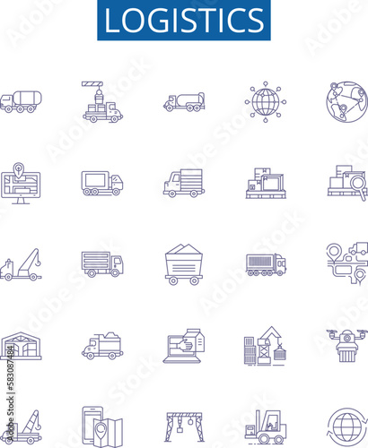 Logistics line icons signs set. Design collection of Distribution, Shipping, Delivery, Transportation, Freight, Channel, Inventory, Management outline concept vector illustrations photo