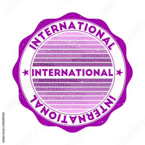 International badge. Grunge word round stamp with texture in Magenta color theme. Vintage style geometric international seal with gradient stripes. Modern vector illustration.
