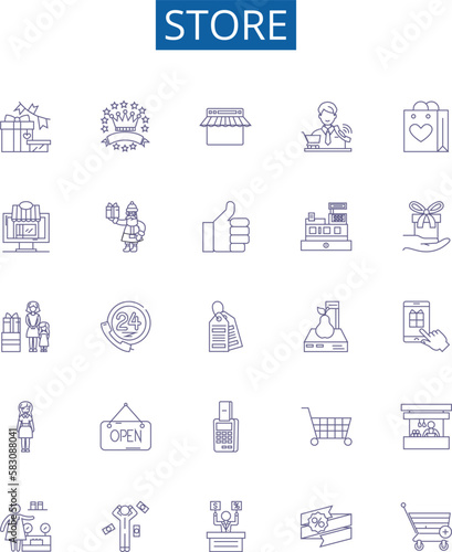 Store line icons signs set. Design collection of Shop, Market, Marketplace, Boutique, Storefront, Department, Outlet, Retailer outline concept vector illustrations