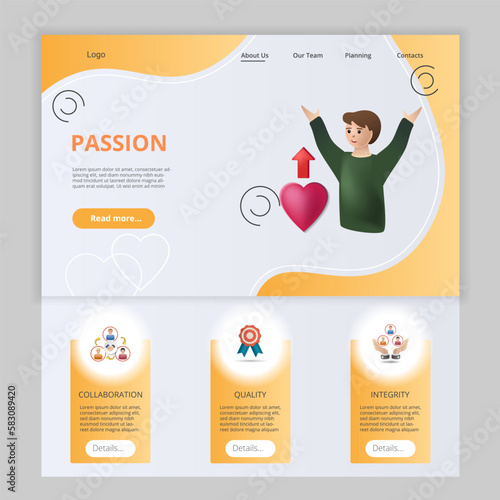 Passion flat landing page website template. Collaboration, quality, integrity. Web banner with header, content and footer. Vector illustration.