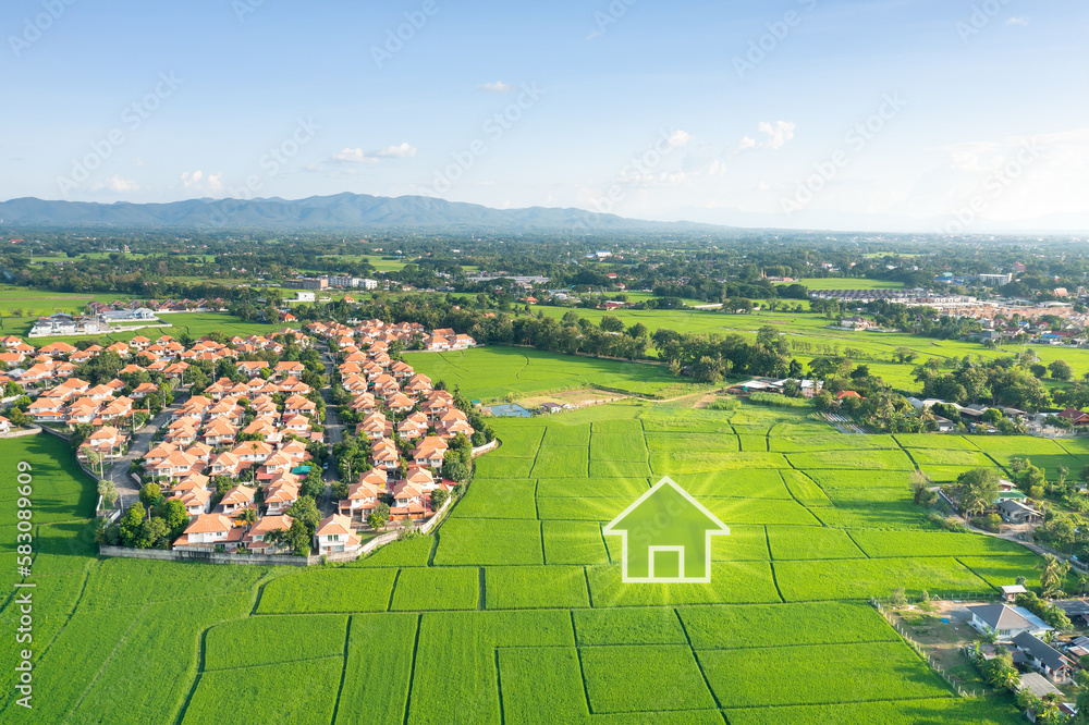 Land or landscape of green field in aerial view. Include agriculture farm, icon of home, house or residential building. Real estate or property for dream concept to build, construction, sale and buy.
