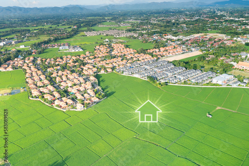 Land or landscape of green field in aerial view. Include agriculture farm, icon of home, house or residential building. Real estate or property for dream concept to build, construction, sale and buy.
 photo