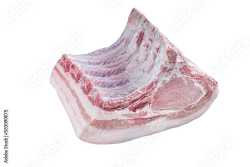Raw whole rack of pork loin with ribs on kitchen table. Isolated, transparent background.