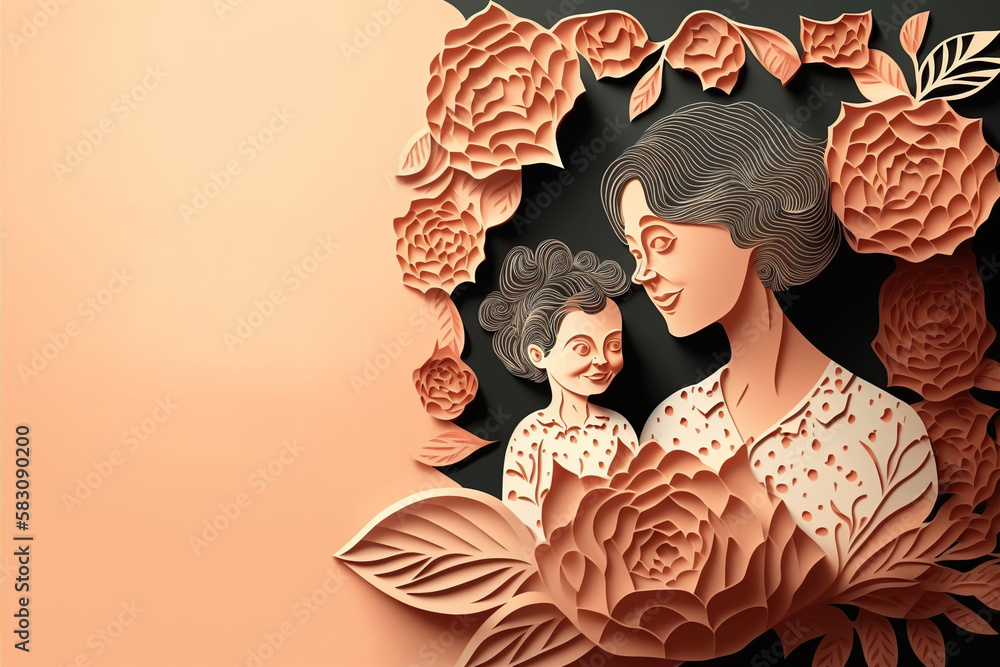 Happy Mothers Day card, paper cut style. Generative AI illustration. Happy Mothers Day card, paper cut style. Generative AI illustration.