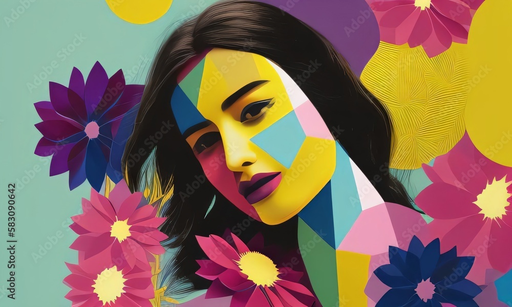 Pop Art Woman with Pastel Flowers Illustrated Abstract Generative Ai Illustration