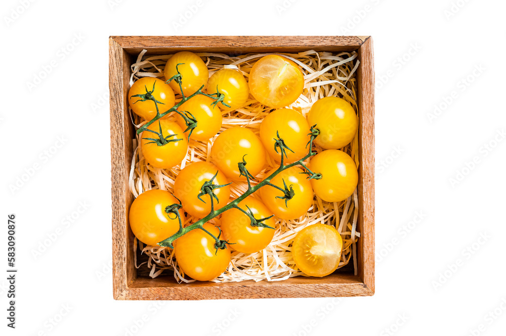 Box with yellow cherry tomato. Isolated, transparent background. Stock