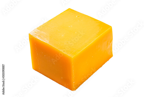 Cheddar Cheese block on a kitchen table. Isolated, transparent background.