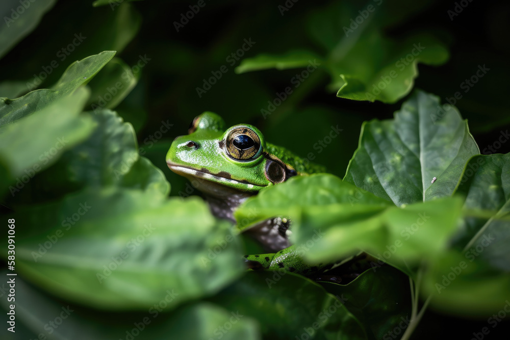 Green frog looking between leaves created with AI Green frog looking between leaves created with AI