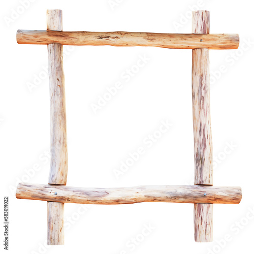 Square wooden frame made of wood logs in PNG isolated on transparent background