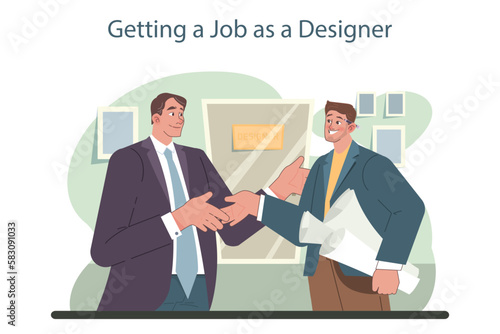 Job offer. Hr manager or company director recruiting a designer