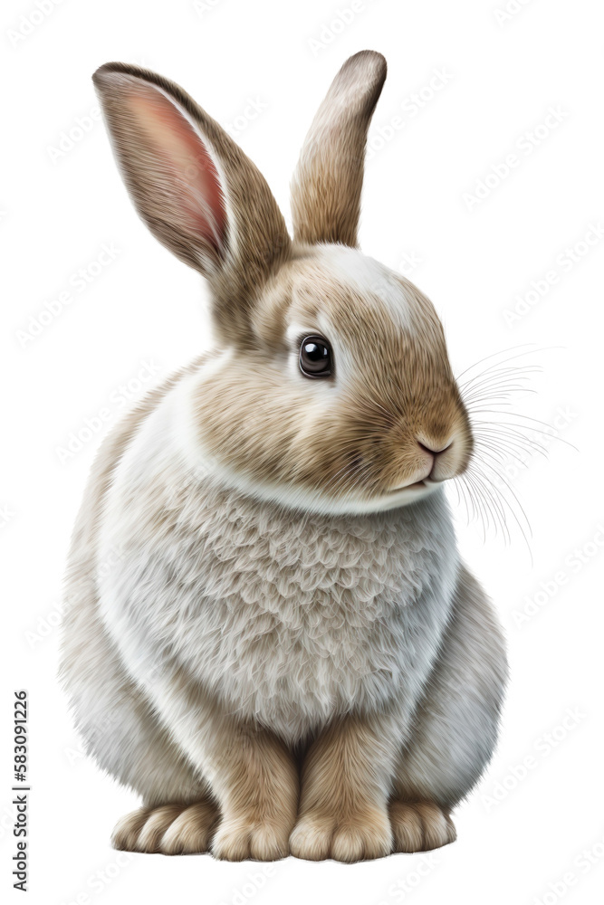 Fototapeta premium White Isolated Sitting Easter Bunny Looks Around - Generative AI