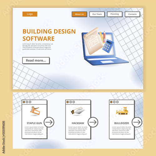 Building design software flat landing page website template. Staple gun, hacksaw, bulldozer. Web banner with header, content and footer. Vector illustration.