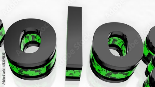 Camera moves from close-up to a total overview and shows the black and green waisted 3D letters against a reflective bluish background that make up the word Ecology. 	