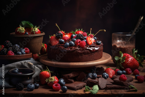 Chocolate cake with berries on a plate created with AI  © thejokercze