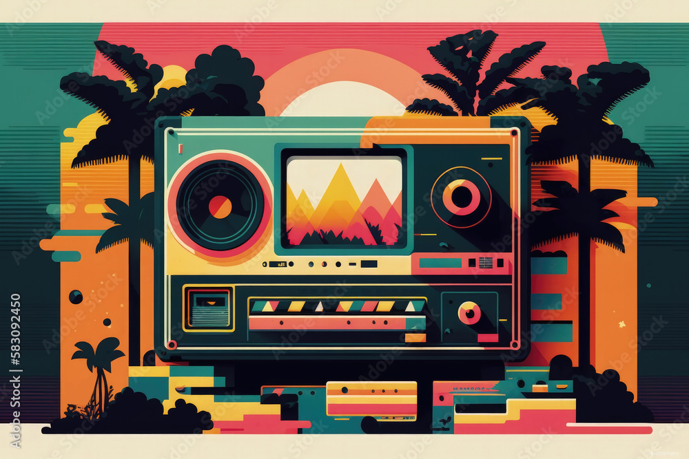 Fototapeta premium Flat retro design: Vintage music player and Miami musical mood | Generative AI Production