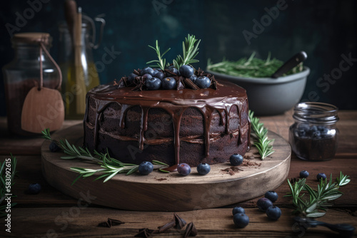 Chocolate cake with blueberries on a plate created with AI 