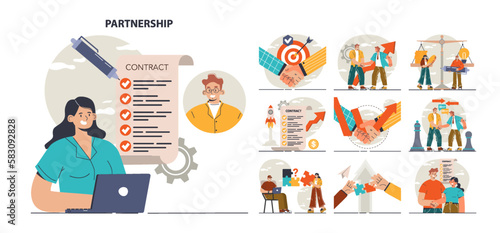 Partnership concept set. Agreement on collaboration and teamwork.