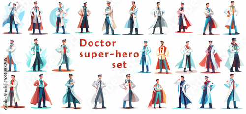 Set of illustrations of male Doctor super-hero in a medical uniform, National doctors day celebration. Vector isolated cartoon style drawing.