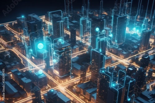 Energy of fractal realms, network concept, city at night, generative ai