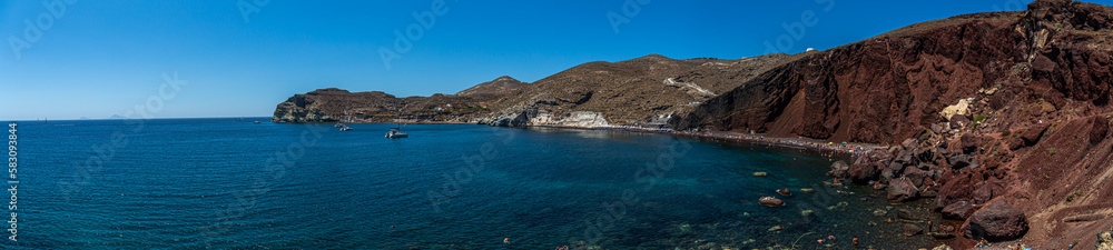 panorama view of red beach bay in santorini