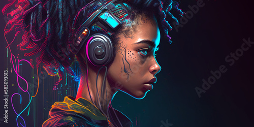 Woman listening to music, futuristic, cyberpunk, AI Generated