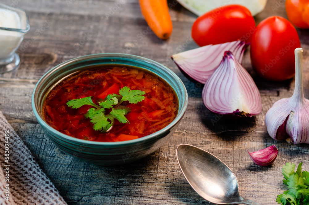 Borscht is a traditional dish of Ukrainian Russian Slavic cuisine