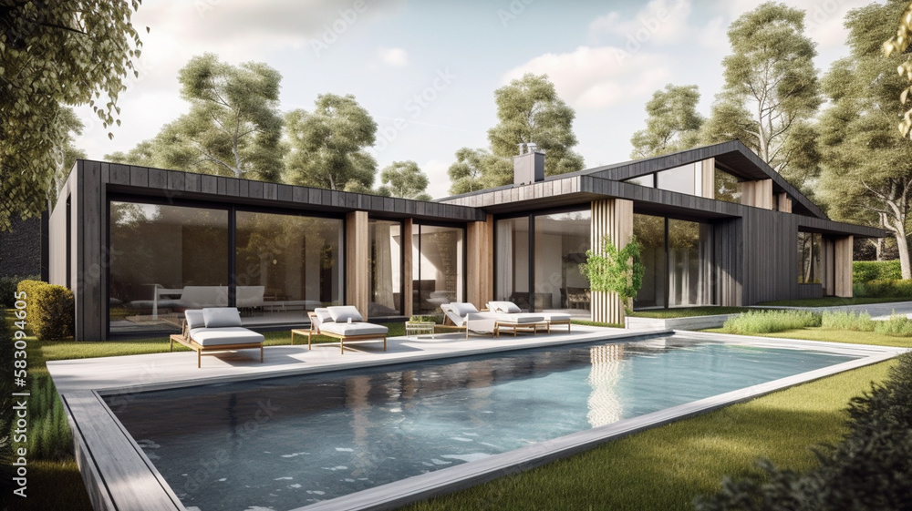 Luxury H-Shaped Scandinavian House with Grey Ash Wood and Glass Design and Beautiful Garden, Pool and Decking.